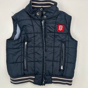Tommy Hilfiger Boys Navy Puffer Vest Quilted Crest Logo Striped Trim Sz 4